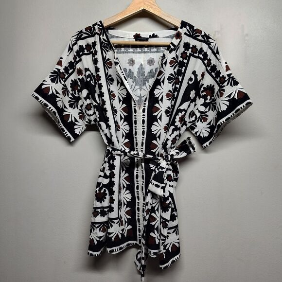 Ann Taylor Tops - Ann Taylor Linen Blouse Top Women Size M White Floral Waist Tie Casual Feminine